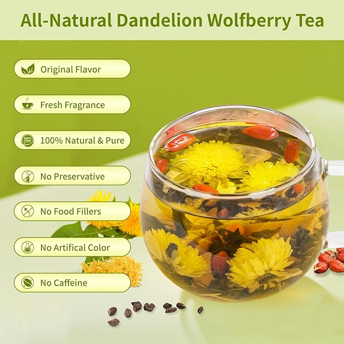 Dandelion Wolfberry Tea, Natural Kidneys & Liver Health Dandelion Root Tea with Dandelion, Wolfberry, Cassia Seed, Chrysanthemum, Licorice, Orange Peel, Gardenia (3 Pack/36 Bags) - Bloomnest