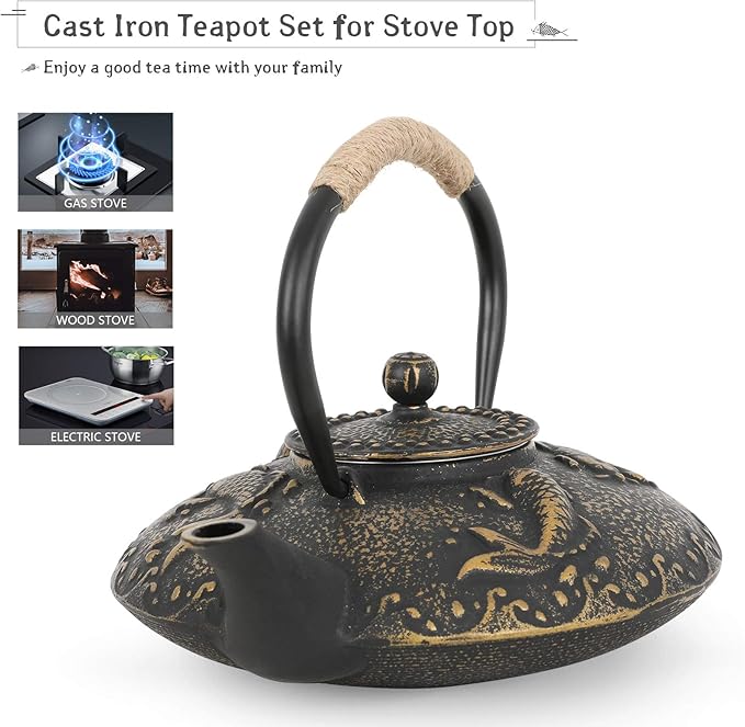 Ufine Koi Fish Cast Iron Teapot Set Stove Top Tea Kettle with 4 Cups Japanese Style Tetsubin Tea Gift Set, 26 oz with Stainless Steel Infuser - Bloomnest
