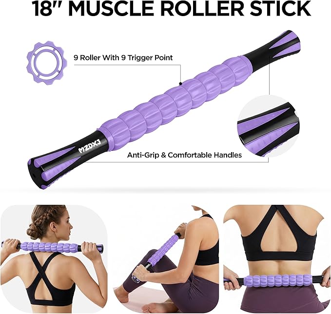Muscle Roller & Massage Roller Stick for Athletes - Lymphatic Drainage Support, Relieves Muscle Soreness, Cramping & Tightness - Targets Legs, Arms, Back & Calves （Purple - 18inch） - Bloomnest