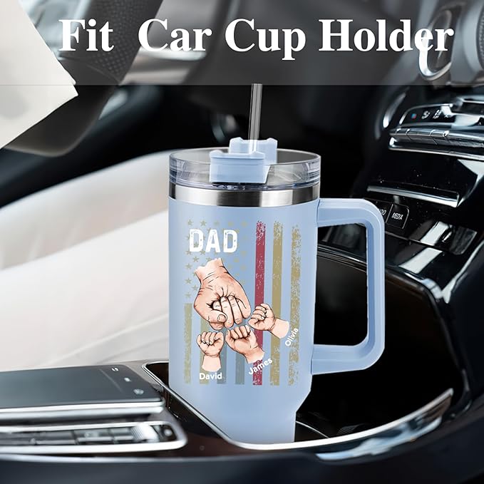 Custom Dad Tumbler with Kids Names, Personalized 40 Oz Tumbler with Handle and Straw, Personalized Birthday Gifts for Dad Husband - Bloomnest