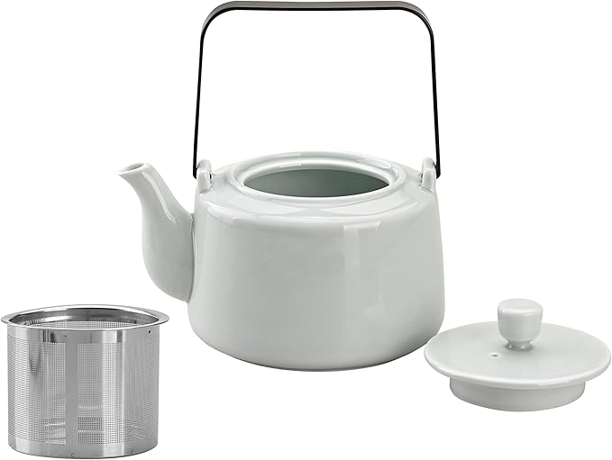 Antique Ceramic Teapot Coffee Pot with Infuser, 400ml (1-2 cups) Small Porcelain Tea Pots for Loose Leaf Tea, with Removable Stainless Steel Strainer and Lid for Gift (Light Cyan(Handle)) - Bloomnest