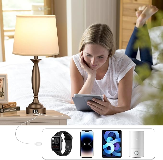 Seealle White Brown Lamps for Bedrooms Set of 2 - Touch Control Bedside Lamp with USB C+A, 3 Way Dimmable Nightstand Lamps with USB Port, Table Lamp for Living Room(White Shade and Brown Base) - Bloomnest