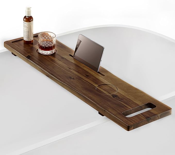 Tinamo Acacia Bathtub Tray Caddy with Adjustable Legs - Bath Tub Tray for Freestanding Tubs - 39x9.75 Inch Large Wooden Anti-Tipping Tub Tray for Bathtub with Accessories Holders (Walnut, 39x9.75) - Bloomnest