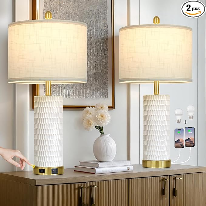 27" White Ceramic Lamps for Living Room, 3-Way Dimmable Touch Ceramic Table Lamp Set of 2 for Bedroom，Rustic Farmhouse Bedside Lamp with USB A+C & Outlets, Elegant Bedroom Lamp for Nightstand - Bloomnest
