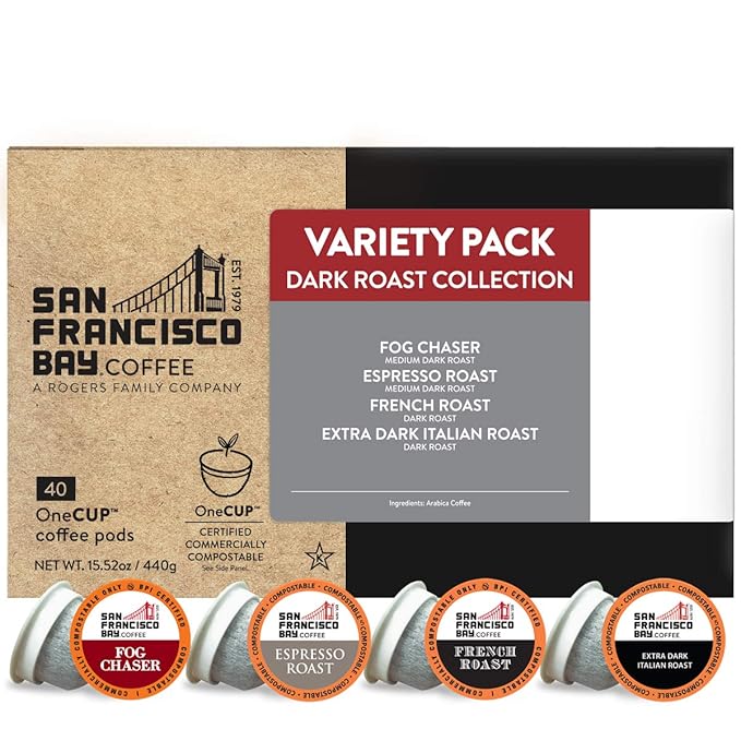 San Francisco Bay Coffee - Dark Roast Variety Pack (40 ct) - Fog Chaser, Espresso Roast, French Roast, & Extra Dark Italian - Single Serve Coffee Pods, Commercially Compostable, K Cup Compatible - Bloomnest