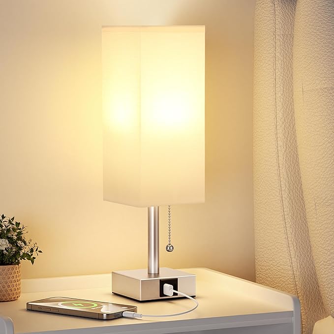 aooshine White Small Table Lamp for Bedroom - 3 Color Temperature 3000K 5000K 4000K Bedside Lamp, Pull Chain Control, USB A and C Ports, Light Gold Base, Bulb Included - Bloomnest