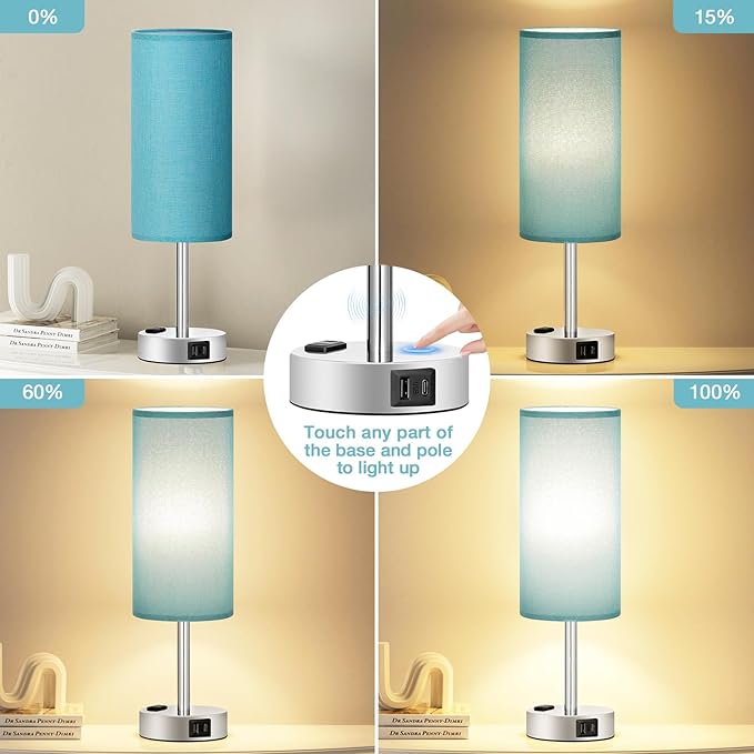 Fenmzee Turquoise Nightstand Table Lamp for Bedroom - 3 Way Dimmable Touch Lamp USB A and C Charging Ports and AC Outlet, Small Lamp for Office Desk with Metal Base, LED Bulb Included - Bloomnest