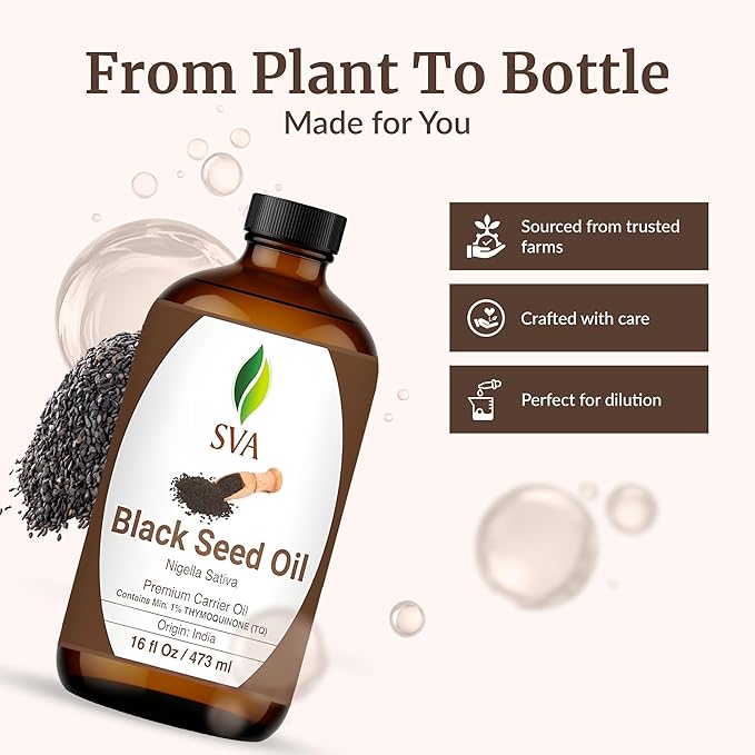 SVA Black Seed Oil - 16 Fl Oz – 100% Natural Cold Pressed Black Seed Oil - for Face, Skin Care, Hair Care, Scalp Massage & Body Massage – Carrier Oil - Bloomnest