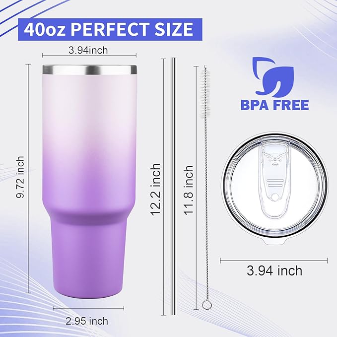 40 oz Tumbler with Lids and Straws Double Wall Vacuum Insulated Tumbler Cup,Stainless Steel Leak-proof Thermal Tumbler Powder Coated Travel Coffee Mug for Cold and Hot Drinks,Gardient Purple - Bloomnest