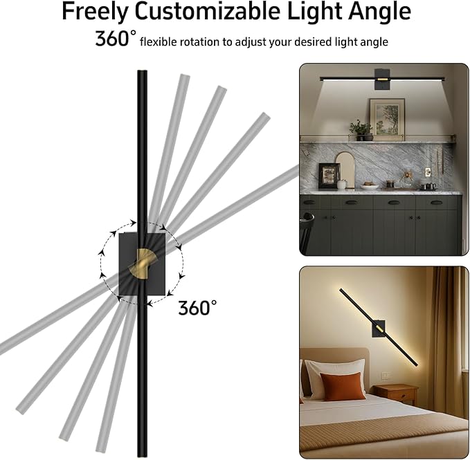 Battery Operated Wall Sconces Set of 2: 10000mAh Rechargeable Wall Lights with Remote Control, 360° Rotate Wireless Wall Scone Decor for TV/Mirror Bedroom Living Room, 31.5 Inch, Black - Bloomnest