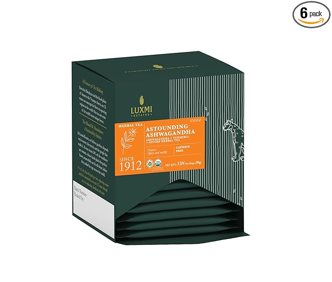 Luxmi Estates Astounding Ashwagandha Root Tea, 15 Tea Bags (30g) Pack of 6, Certified USDA Organic Herbal Eco-Conscious Tea Bags, with Turmeric, Ginger, Lemongrass & More, for Sleep, Relaxing, and Stress Relief - Bloomnest