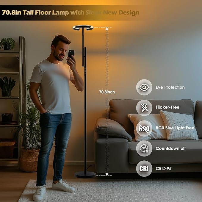 Happy Light Therapy Lamp, 12000 LUX UV-Free Sunlight Floor Lamp with Remote, Full Spectrum Sun Lamp, 4 Color Temps 2700-6500K & 7 Brightness & Timer LED Lamp for Living Room Bedroom Home Office, Black - Bloomnest