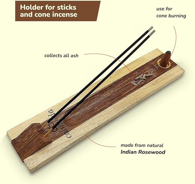 Rosewood Incense Holder for Sticks - 11 Inch Handmade Dual Incense Burners with Cone Holder | Beautiful Natural Wood Incense Stick Holder, for Meditation or Yoga Lovers