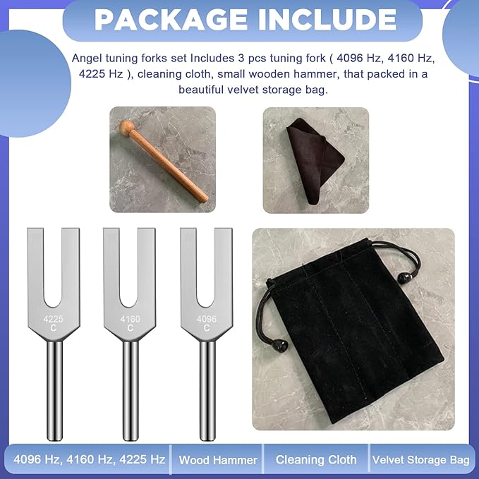 Angel Tuning Forks Set, 4096 Hz, 4160 Hz, 4225 Hz for Healing Musical Instrument, with Wood Hammer and Soft Storage Bag - Bloomnest