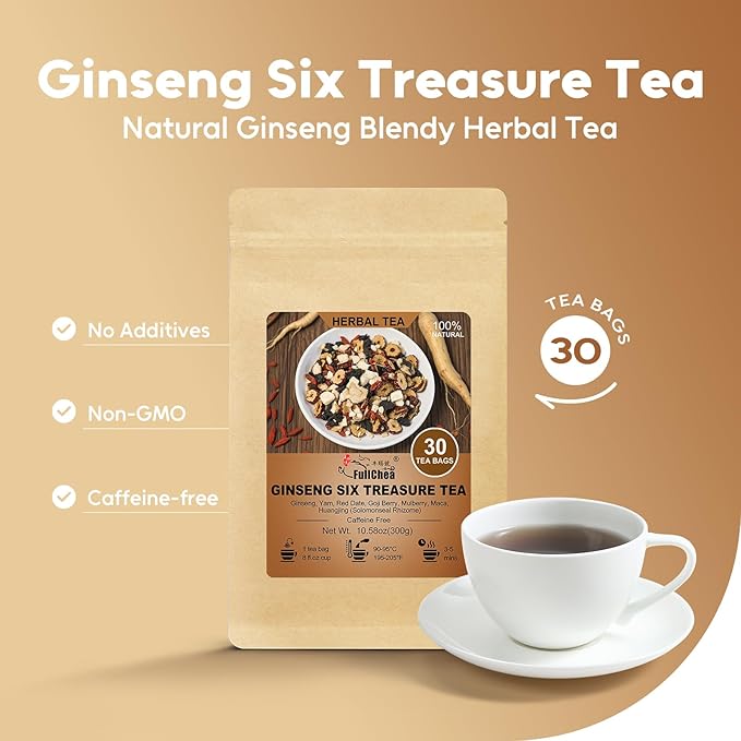 FullChea - Ginseng Six Treasure Tea, 30 Teabags, Traditional Chinese Herbal Blend for Kidney Health, Detox Tea With Ginseng, Mulberry, Huangjing, Maca, Goji Berry, Red Dates, Yam - Support Wellness - Bloomnest