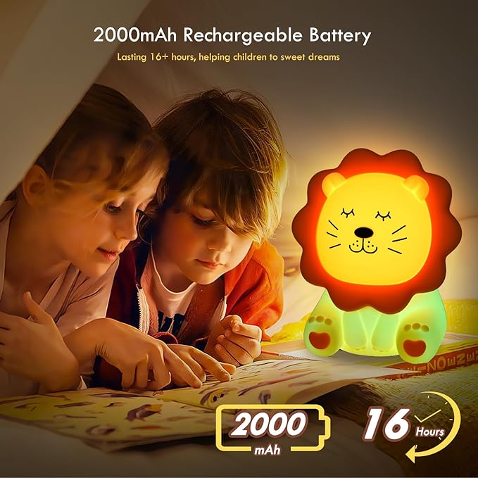 Night Light for Kids, 7 Colors Soft Silicone Kids Night Light with 3 Level Dimmable, Rechargeable Anti-glare Nursery Night Light with Warm White & Multicolor, Squishy Cute Lion Bedside Touch Lamp - Bloomnest
