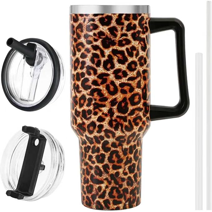 40 oz Tumbler with Handle and Flip Straw Lid, Vacuum Insulated Leak Proof Double Walled Stainless Steel Travel Mug Tumblers, Maintains Cold Ice and Heat for Hours(Leopard Brown Tumbler) - Bloomnest