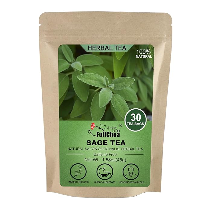 FullChea - Sage Tea Bags - 30 Count X 1.5g - Premium Natural Cut & Sifted Sage Leaf - Non-GMO - Caffeine-free - Rich in Antioxidants & Respiratory Support - Bloomnest
