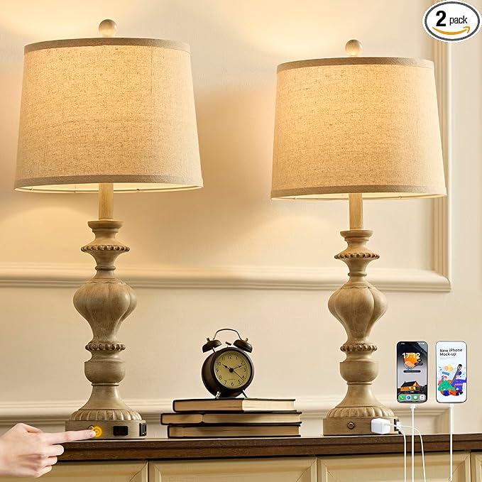 27.5" Farmhouse Table Lamps Set of 2 Bedside Nightstand Lamp with USB C+A Ports & AC Outlet, 3 Way Dimmable Touch Lamps for Bedroom Living Room Office Rustic Lamp (Gray) - Bloomnest