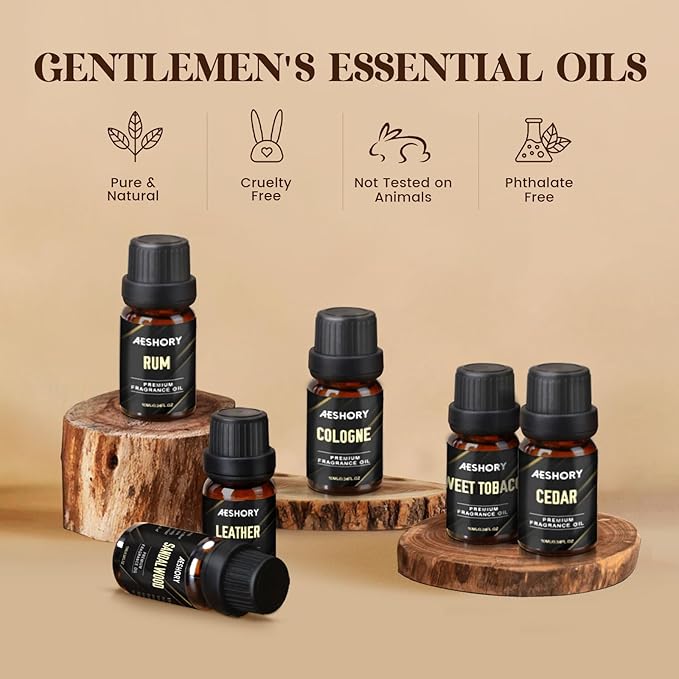Gentlemen's Essential Oils Set - 6x10ML Mens Fragrance Oil for Candle Making, Diffuser - Sandalwood, Cedar, Leather, Sweet Tobacco, Bay Rum, Cologne Aromatherapy Oils for Men - Bloomnest