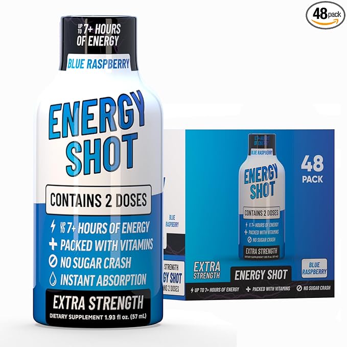 Blue Raspberry Extra Strength Energy Shot 48 pk – 260mg Natural Caffeine B12 B6 – Energy & Focus Support – 2 Servings Sugar Free Zero Calorie Green Tea B-Vitamins Electrolytes Vegan – 1.93 fl oz - Bloomnest