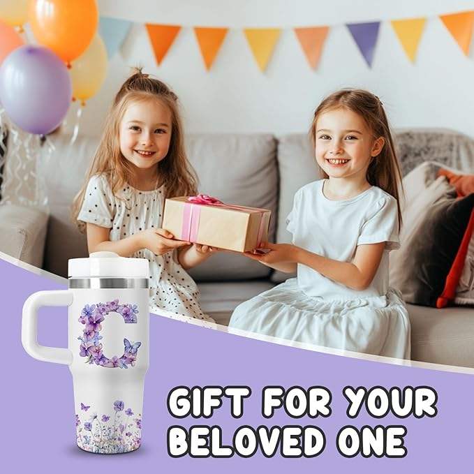 Letter C Tumbler Gifts, 14oz Letter C Themed Tumbler with Handle and Straw, Stainless Steel Double Wall Vacuum Insulated Cup Keep Hot Cold - 14oz Travel Mug with Lid Tumblers for Home Work Outdoor Use - Bloomnest