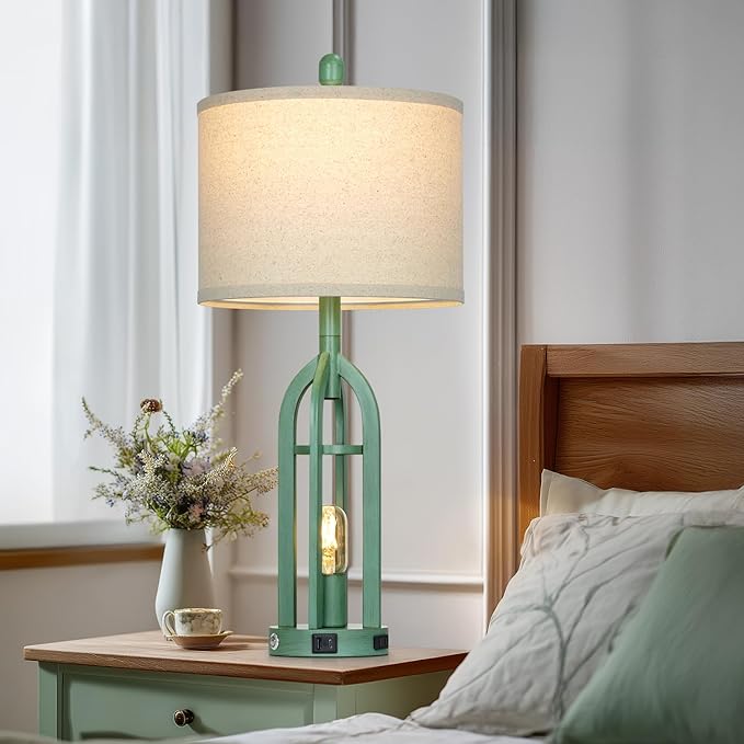 27" Tall Vintage Table Lamp Set of 2 with USB C+A & Outlet,Farmhouse Green Table Lamp for Living Room,Retro Bedside Lamps with Night Light for Bedroom Entryway,Green - Bloomnest
