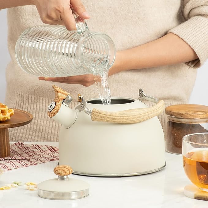 2.6 Quart/2.5 L Whistling Tea Kettles with Wood Grain adjustment Nylon Handle, Capsule Base Tea Kettle, White (White) - Bloomnest