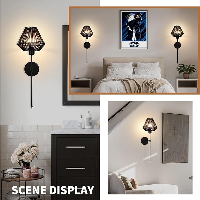 Battery Operated Wall Sconces Set of 2,Rattan Rechargeable Wall Light Dimmable with Remote Control,15 Color Changing and Timer,Boho Wireless Black Wall Lamps for Bedroom,Living Room - Bloomnest