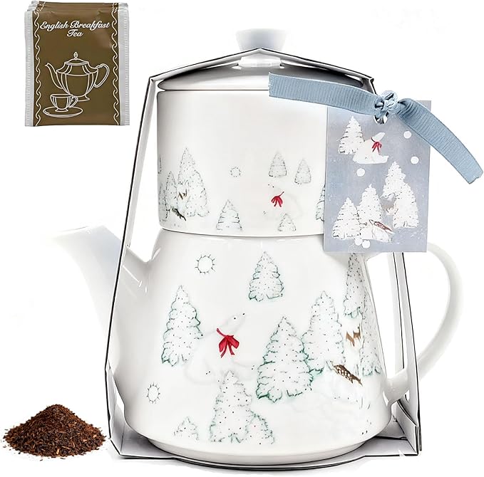 Christmas Teapot Set Ceramic Tea Pot with English Breakfast Tea, 17OZ Christmas Tree Tea Kettle with Mug as Birthday & New Year Gifts for Home & Kitchen Decor(Christmas Tree) - Bloomnest