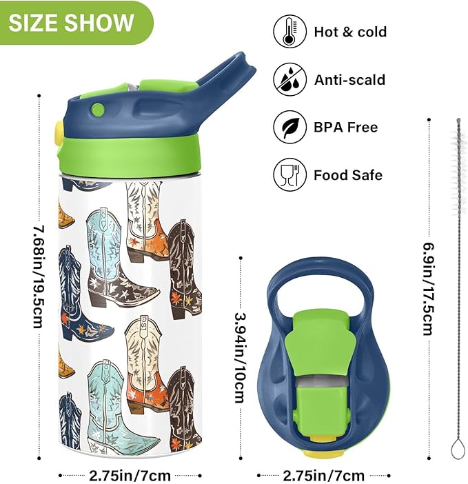 Cowboy Boots Kids Water Bottle with Straw Lid Insulated Tumbler with Handle Stainless Steel Reusable Toddlers Cup for Kids Boys 12 oz - Bloomnest