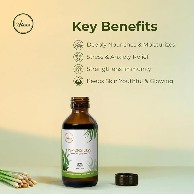 My Ace Lemongrass Essential Oil – 100% Pure & Natural, Steam Distilled, Therapeutic Grade for Diffusers, Aromatherapy, Soap & Candle Making, Non-GMO, Vegan – 4 fl oz MyAce