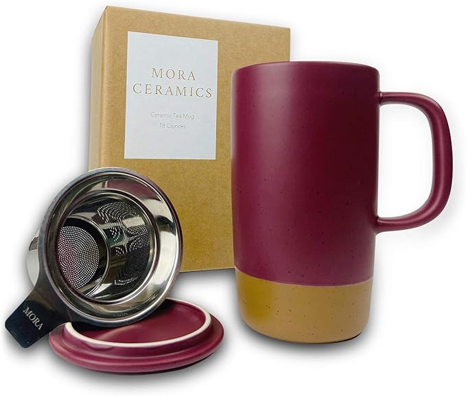 Mora Ceramics Large Tea Mug with Loose Leaf Infuser and Ceramic Lid, 18 oz, Portable, Microwave and Dishwasher Safe, Tall Coffee Cup - Rustic Matte Ceramic Glaze, Modern Herbal Tea Strainer, Merlot - Bloomnest