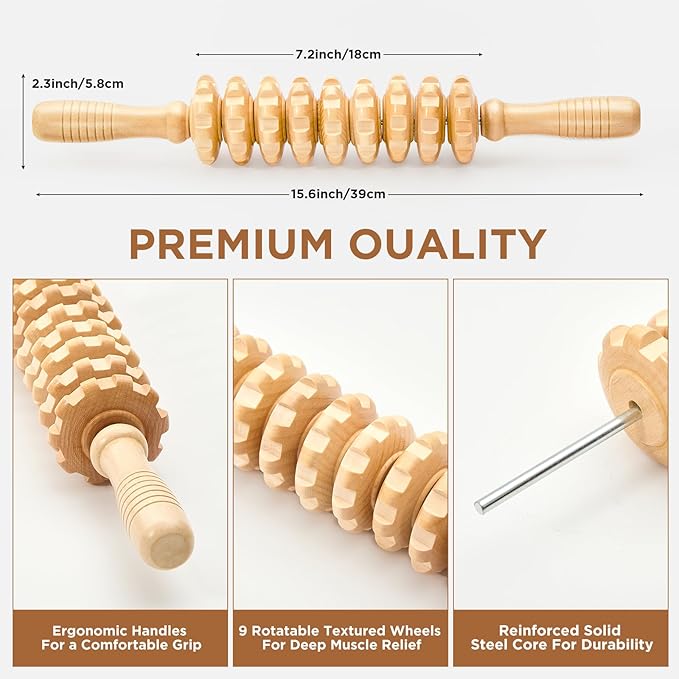 Wooden Cellulite Massage Roller for Legs and Thighs - Handheld Fascia Blaster Tool for Muscle Relief, Lymphatic Drainage & Body Sculpting - Anti Cellulite Massager for Women and Men (9 Wheel) - Bloomnest