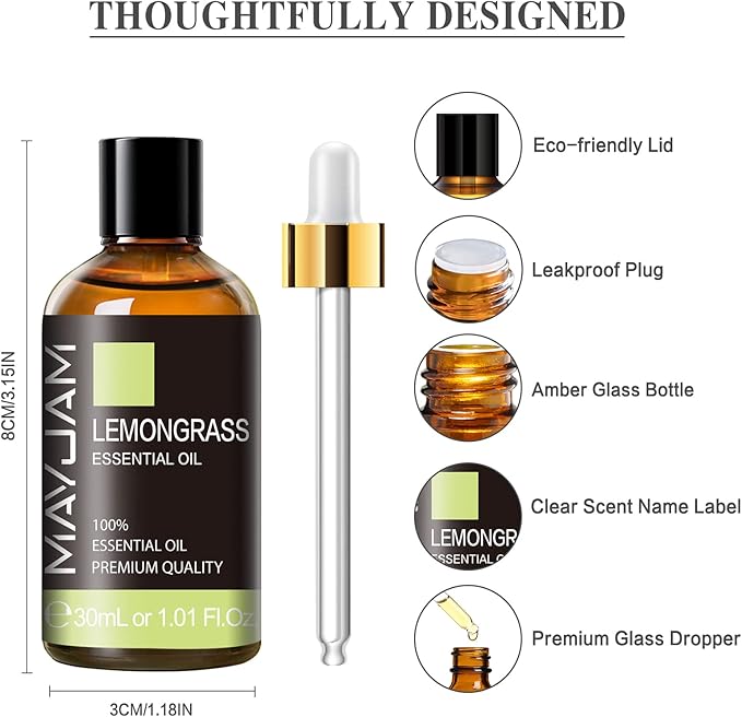 Lemongrass Essential Oil 30ML/1.01FL.OZ, MAYJAM Premium Lemongrass Oil Essential Oils with Glass Dropper, Great for Aromatherapy Diffuser and Candle Soap Making - Bloomnest