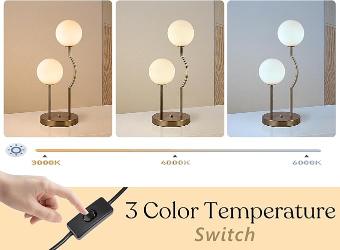 Mid Century Gold Globe Table Lamp 2-Light Orb Modern Beside Desk Table Light with Milk White Glass Shade Metal Base Nightstand Lamp for Bedroom Bedside - Bloomnest