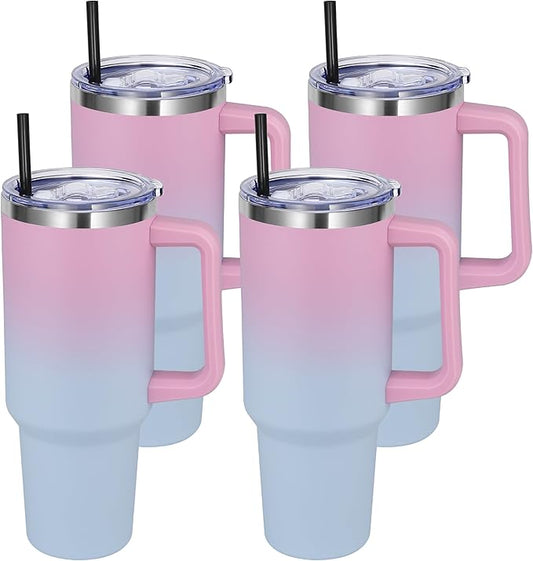 DOMICARE 40 oz Tumbler with Handle and Straw, Stainless Steel Tumbler with Lid and Straw, Reusable Vacuum Insulated Cup, Travel Coffee Mug, Dreamy Pink Blue, 4Pack - Bloomnest