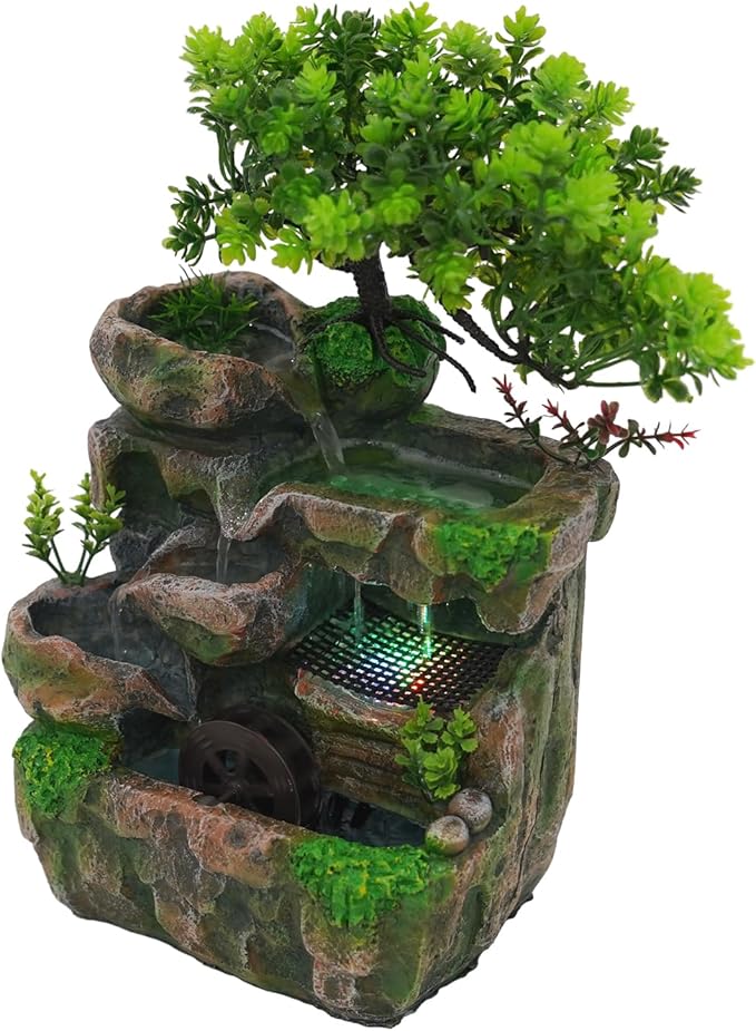Gdrasuya10 Indoor Water Fountains, Waterfountain Indoors Rockery Fountain Goldfish Waterfall Desktop LED Decorat Tabletop Rockery, Small Waterfall for Home Office Bedroom Relaxation US Plug