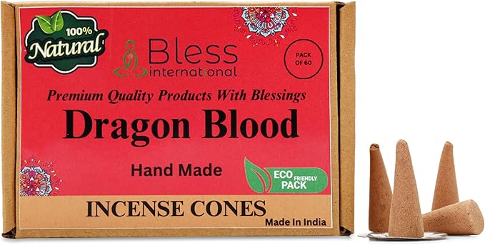 Bless-International Dragon Blood 100%-Natural-Incense-Cones Handmade-Hand-Dipped Organic-Chemicals-Free for-Purification-Relaxation-Positivity-Yoga-Meditation The-Best-scents (60 Count) BlessInternational