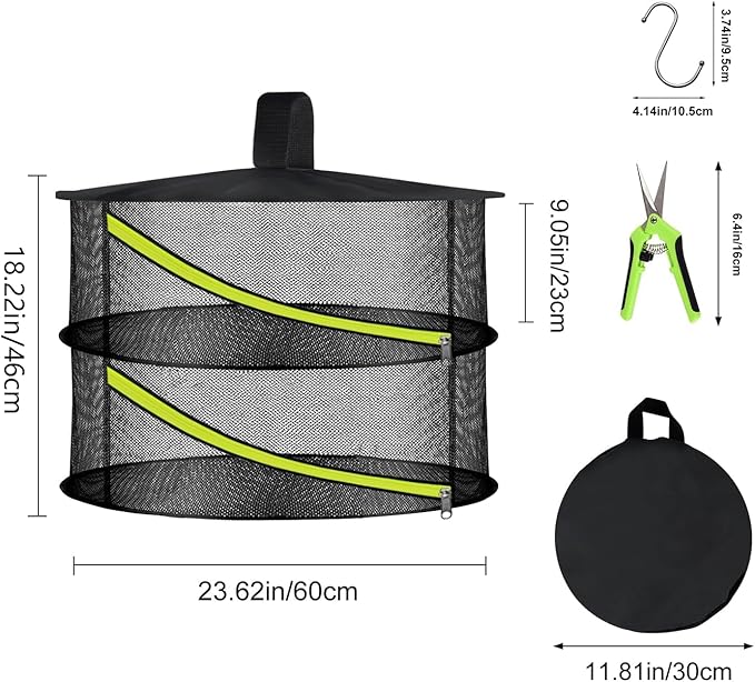 2 Layer Herb Drying Rack, Hanging Mesh Net, Foldable Plant Drying Rack with Diagonal Zipper, Garden Trimming Shears and Hooks, for Drying Herbs Plants, Fruits, Seafood, Clothing(2 Layers-23.62'') - Bloomnest