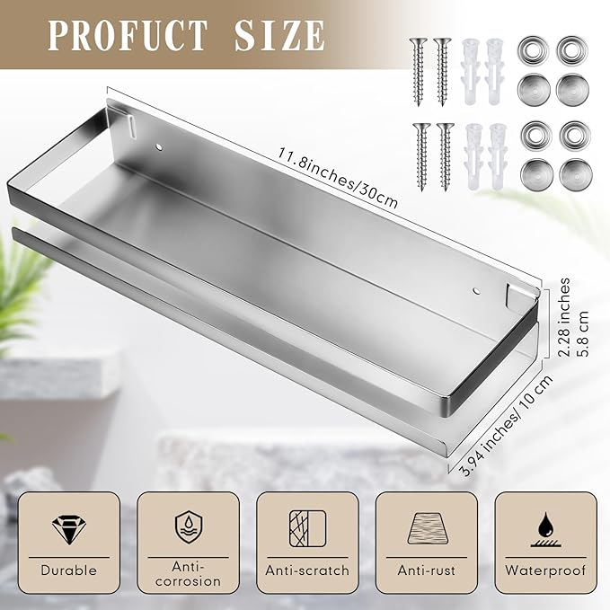 Lallisa 2 Pieces Stainless Steel Shelf Bathroom Shower Floating Shelves Wall Mounted Shower Caddy Basket Shelf Storage Organizer Shelves for Bathroom, Kitchen, Living Room (Silver,11.81 Inch/ 30 cm) - Bloomnest
