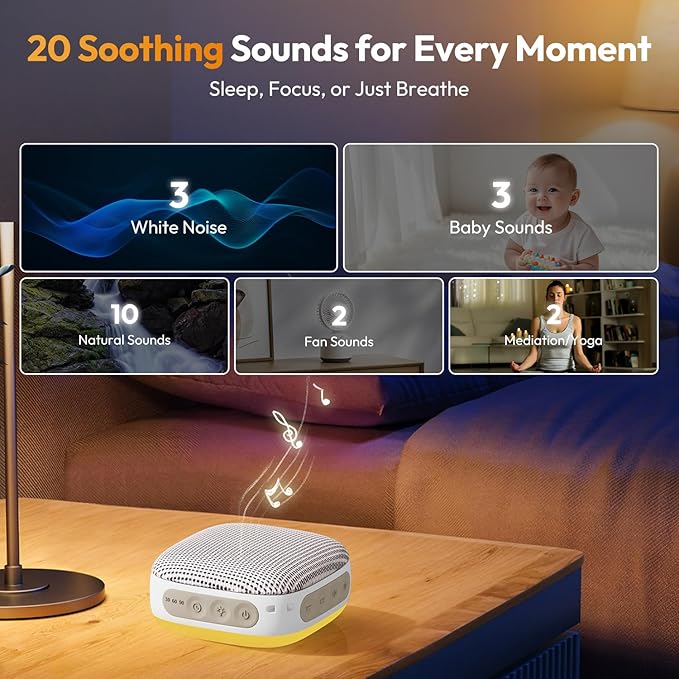 Portable Sound Machine for Travel, White Noise Sound Machine for Sleeping, 52-Hour Lasting Mini Noise Machine with 21 Quality Non-looping Sounds, Headphone Jack, Memory, Timer for Adults,Hotel (Khaki)