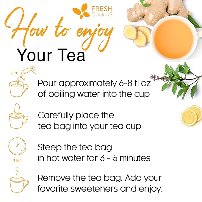 FreshDrinkUS, Premium 35 Tulsi Lemon Ginger Tea Bags, 100% Natural & Pure from Tulsi Holy Basil Leaves, Lemon and Ginger. Made with Natural Material Tea Bags. No Sugar, No Caffeine, Vegan. - Bloomnest