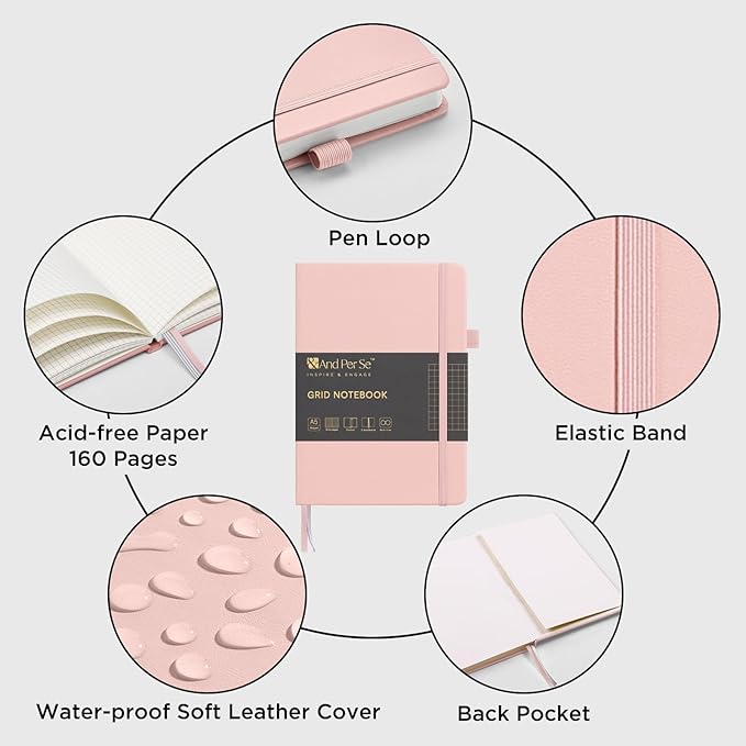 &And Per Se Graph Journal Notebook, 160 Pages, A5 5.7 x 8 inches 100 gsm Thick Paper Notebook Journals for Writing, Grid Hardcover Notebook(1 Pack, Pink)