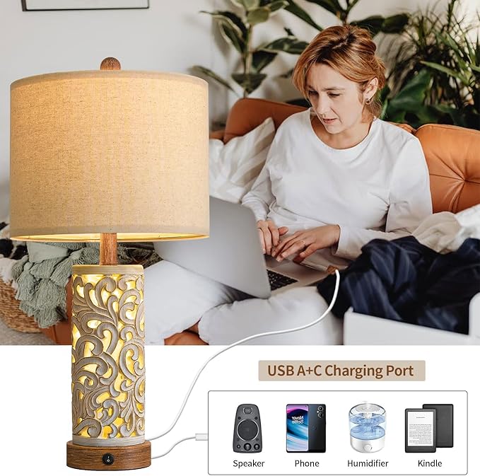 OYEARS 22'' Table Lamp Set of 2 for Living Room,Farmhouse Lamp for for Bedroom,Vintage Retro Bedside Lamps with USB Ports Linen Shade for Home Office (Brown, Bulb Included) - Bloomnest