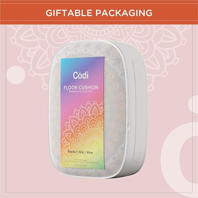 Codi Meditation Floor Pillows, Round Large Pillow Seating for Adults, Bohemian Mandala Circle Floor Cushion for Outdoor Fireplace Yoga Living Room, 32 Inch, Yellow Memory Foam Added