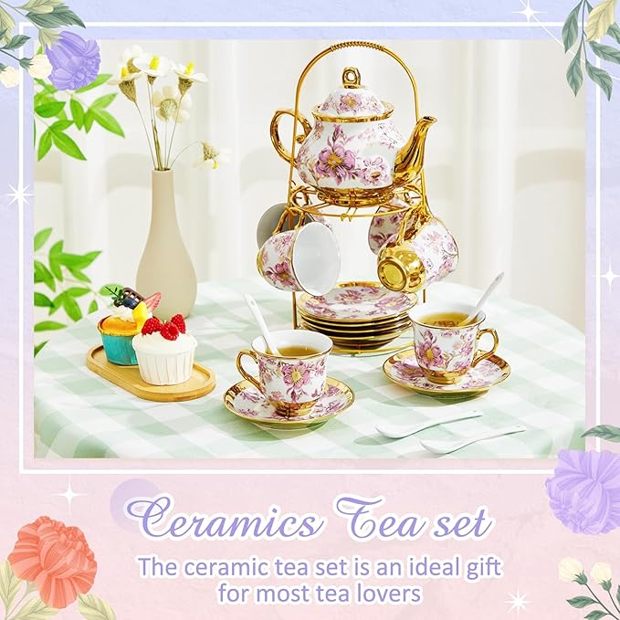 Zhehao 20 Pcs Porcelain Tea Set with Metal Holder and Spoon Adult Ceramic Tea Set European Flower Painting Teapot Cup Saucer Spoon for Women, Large Version(Purple Style) - Bloomnest