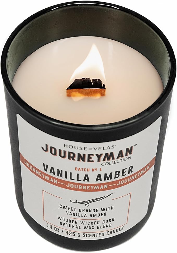 Journeyman Collection Candle, 15oz, Wooden Wick, Vanilla Amber, Large Painted Jar - Bloomnest