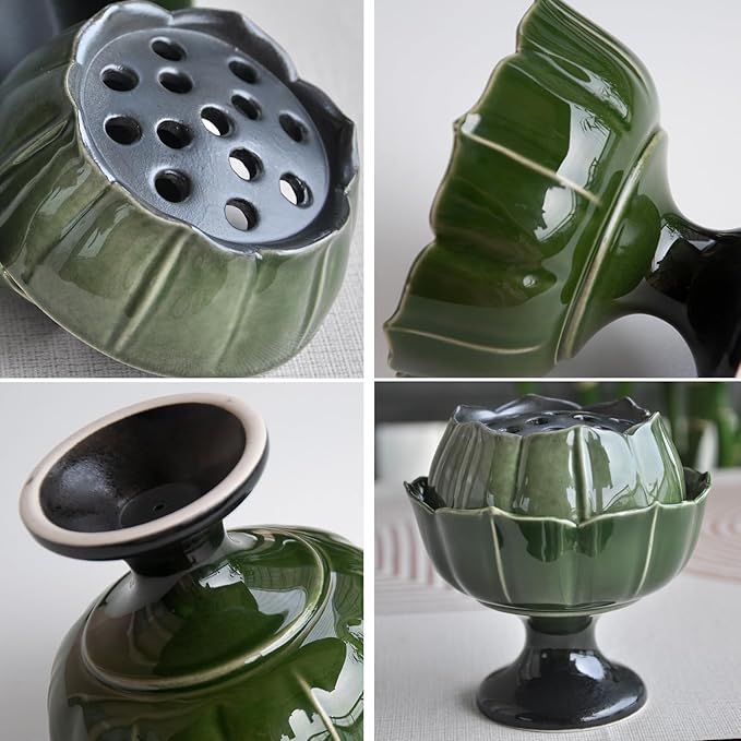 Ceramic Incense Holder with Lid,Lotus Incense Cone Holder for Coil Incense and Powder Incense,Mediation Gift,Home Decor (Deep Green) - Bloomnest