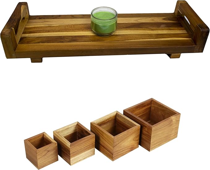EcoDecors 29 Inch Bath Tub Tray Wood and Eleganto 4 Piece Teak Bathroom Nesting Amenities Set Bundle - Bloomnest